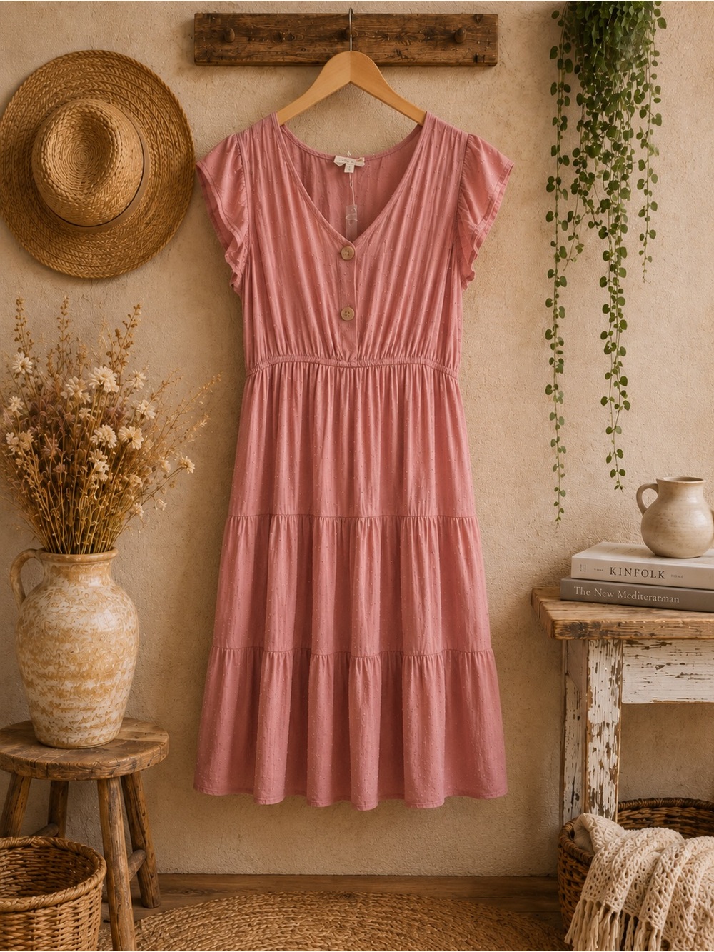 Sweet Wanderer Dress Maternity Flutter Sleeve Tiered Midi Dress